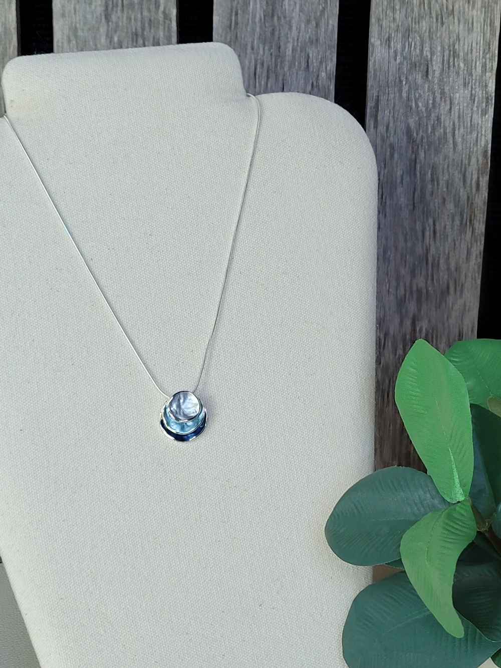 Silver Necklace with Layered Iridescent Blue Enamel Discs 16" + 2" - Picture 2 of 3